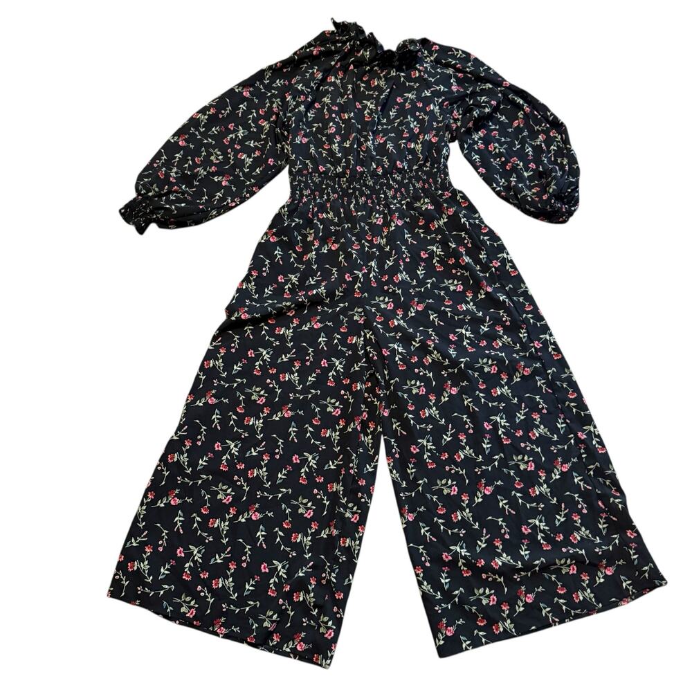 Asos Women's Jumpsuits Black Floral Puff Sleeve Smocked Waist Wide Leg Size 14